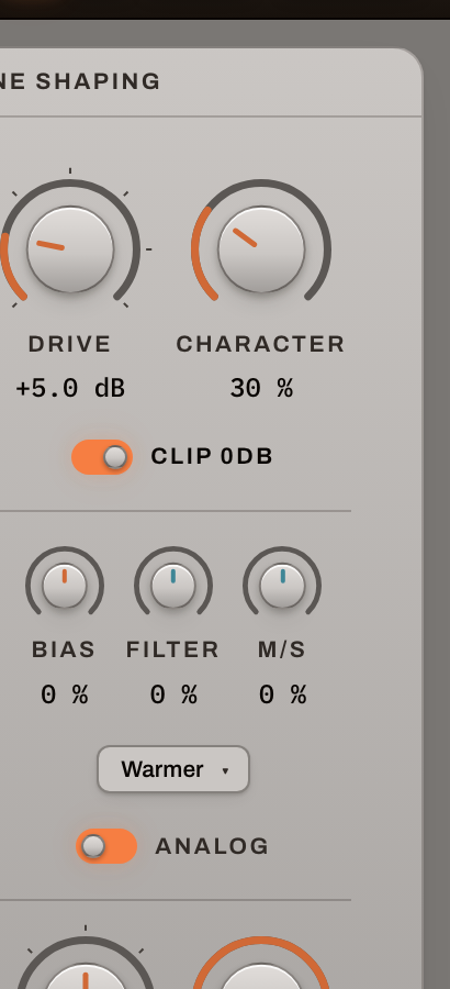 Spek Tone Shaping panel with Warmer voicing selected